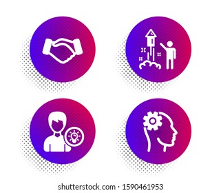 Fireworks, Person idea and Handshake icons simple set. Halftone dots button. Engineering sign. Party pyrotechnic, Lamp energy, Deal hand. Cogwheel head. People set. Classic flat fireworks icon. Vector