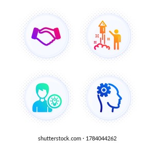 Fireworks, Person idea and Handshake icons simple set. Button with halftone dots. Engineering sign. Party pyrotechnic, Lamp energy, Deal hand. Cogwheel head. People set. Vector