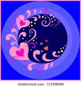 Fireworks of pink red hearts are twirled on a stalk on a spiral with leaves and curls against the blue night sky with yellow stars.
