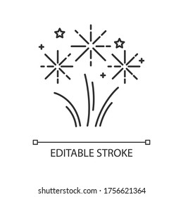 Fireworks pixel perfect linear icon. Pyrotechnics. Celebration event. Party entertainment. Thin line customizable illustration. Contour symbol. Vector isolated outline drawing. Editable stroke