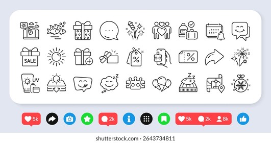 Fireworks, Puzzle game and Travel luggage line icons pack. Social media: share, comment, like icons. Carry-on baggage, Sun protection, Sunscreen web icon. Vector