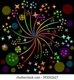 Fireworks, pyrotechnic rosette motif with multicolored stars on black background with blurry lights. Decoration for celebration, birthday, New year