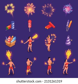 Fireworks pyrotechnics and fire show performers isometric icons set isolated vector illustration