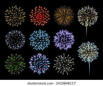 Fireworks and pyrotechnics at night sky, glowing and bursting colorful light. Vector isolated composition of sparkles and glitters, bright performance for holiday, festival or party celebration