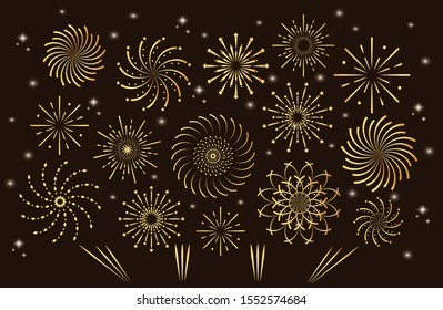Fireworks or pyrotechnics on dark brown background. Golden spiral firecracker with sparkles, stars in night sky. Trendy flat vector for banner, flyer, website.