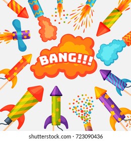 Fireworks pyrotechnics rocket and flapper birthday party gift celebrate vector illustration festival tools