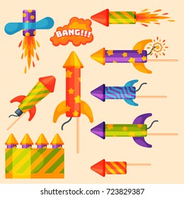 Fireworks pyrotechnics rocket and flapper birthday party gift celebrate vector illustration festival tools