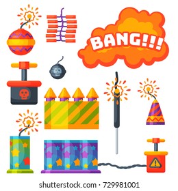 Fireworks pyrotechnics rocket and flapper birthday party gift celebrate vector illustration festival tools