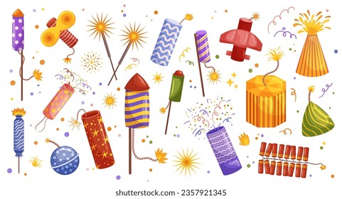 Fireworks and Pyrotechnics Set. Explosive Displays Of Color And Light, Captivating Audiences With Their Aerial Shells, Roman Candles, And Sparklers. Used In Celebrations, Entertainment, And Events