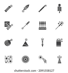 Fireworks pyrotechnics vector icons set, modern solid symbol collection, filled style pictogram pack. Signs, logo illustration. Set includes icons as sparkling salute, firecracker rocket, petard, bomb
