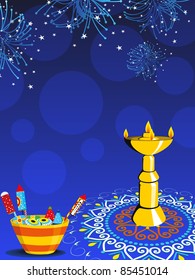 fuegos artificiales, fondo rangoli con diya iluminada y canasta de cracker para diwali y otro festival indio