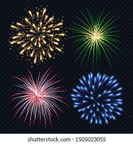 Fireworks realistic. Fire explosion burst bang ball in night sparkle flame vector birthday template