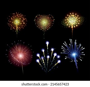 Fireworks realistic set with isolated icons of exploding pyrotechnics trails of different particle color and shape vector illustration