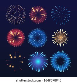 Fireworks realistic vector illustrations set. Salute explosion, light burst, illuminated effect isolated on dark blue. Anniversary celebration, New Year firecrackers. 2d elements for animation