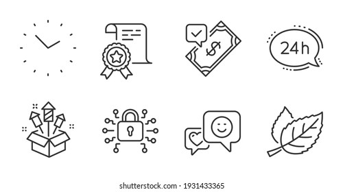 Fireworks rocket, Accepted payment and Time line icons set. 24h service, Leaf and Certificate signs. Security lock, Smile symbols. Pyrotechnic salute, Bank transfer, Clock. Business set. Vector