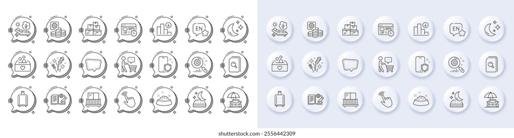 Fireworks rocket, Baggage reclaim and Chat message line icons. White pin 3d buttons, chat bubbles icons. Pack of Balcony, Engineering documentation, Web timer icon. Vector
