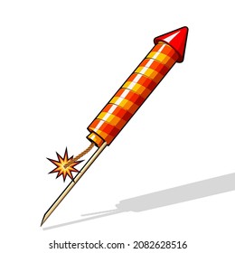 Fireworks rocket with burning fuse and shadow isolated on white background. Vector illustration