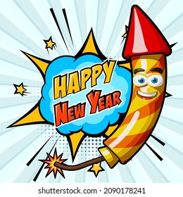 Fireworks rocket in cartoon comic style with lit fuse and explosion with Happy New Year text. Simple vector illustration on abstract radiant background