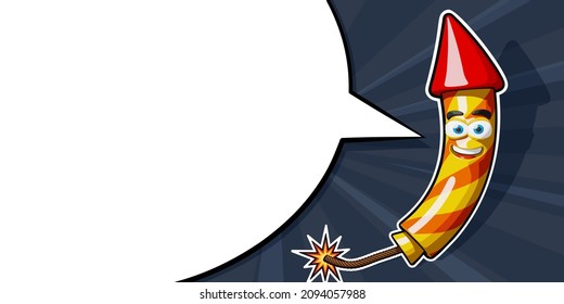 Fireworks rocket in cartoon comic style with lit fuse and empty space for your text. Vector illustration with copy space on the dark background