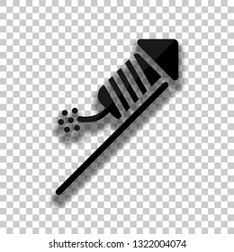 Fireworks rocket. Celebrate icon. Black glass icon with soft shadow on transparent background