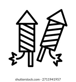 Ilustración vectorial de celebración de cohetes de fuegos artificiales, icono de estilo de línea