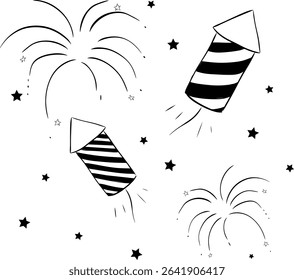 Fireworks rocket composition black and white isolated. Vector graphic line ink illustration. Silhouette sign for logo, print, comics, fashion, pop art, boards, design, stickers, decoration, posters
