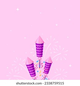 Fireworks rocket confetti star pink background flat. Cute purple wallpaper starry sky take off rocket festive colorful clapper explosion flash blank template greeting card holiday festive celebration