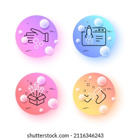 Fireworks rocket, Donation money and Santa boots minimal line icons. 3d spheres or balls buttons. Start business icons. For web, application, printing. Pyrotechnic salute, Tax money, New year. Vector