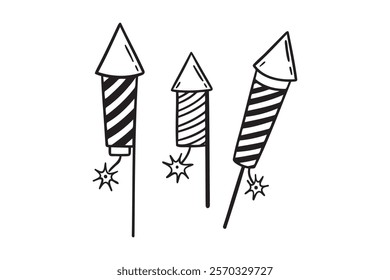fireworks rocket doodle hand drawn icon set. Outline drawing fireworks rocket line clipart symbol collection. Vector illustration
