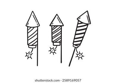 fireworks rocket doodle hand drawn icon set. Outline drawing fireworks rocket line clipart symbol collection. Vector illustration