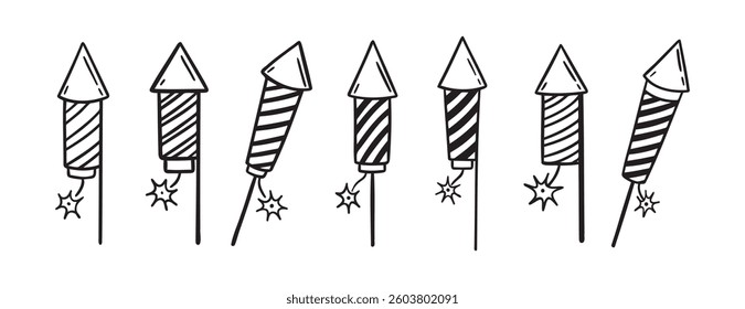 fireworks rocket doodle hand drawn icon set. Outline drawing fireworks rocket line clipart symbol collection. Vector illustration