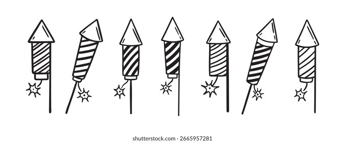 foguete de fogos de artifício doodle desenhado à mão ícone set. Esquema desenho fogos de artifício linha de foguete clipart símbolo coleção. Ilustração vetorial