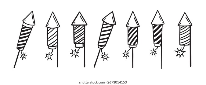 fireworks rocket doodle hand drawn icon set. Outline drawing fireworks rocket line clipart symbol collection. Vector illustration