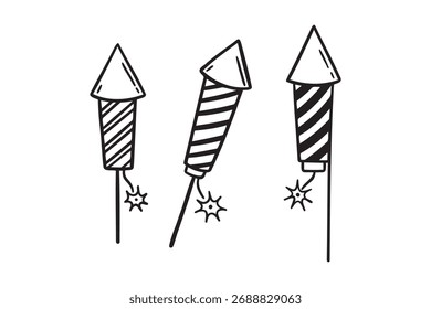 Fuegos artificiales cohete doodle dibujado a mano conjunto de iconos. Esquema dibujando la colección del símbolo del Clipart de la línea de cohete de fuegos artificiales. Ilustración vectorial