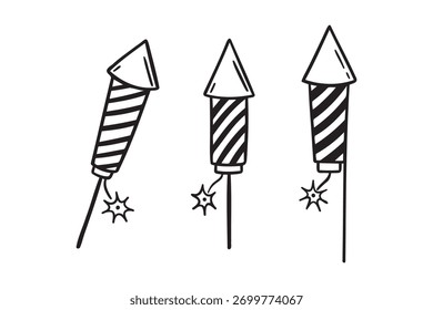 Fuegos artificiales cohete doodle dibujado a mano conjunto de iconos. Esquema dibujando la colección del símbolo del Clipart de la línea de cohete de fuegos artificiales. Ilustración vectorial