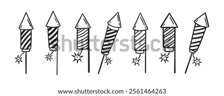 fireworks rocket doodle hand drawn icon set. Outline drawing fireworks rocket line clipart symbol collection. Vector illustration