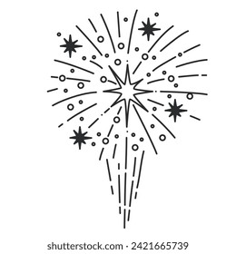 Fireworks rocket explosion with boom effect line icon. Thin black outline silhouette of fire and light radial rays from star, firework monochrome icon, birthday party element vector illustration