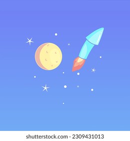 Fireworks Rocket Fliegen in der Himmel Neben dem Mond und Sterne auf Farbverlauf-blauem Hintergrund im Cartoon-Stil