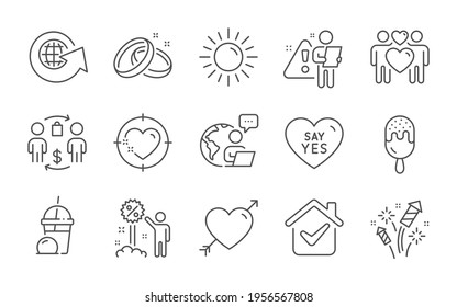 Fireworks rocket, Ice cream milkshake and Heart target line icons set. Love, Buying process and Sun signs. Wedding rings, Love couple and World globe symbols. Say yes, Discount and Ice cream. Vector