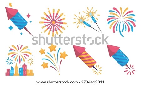 Fireworks and rocket icons vector illustration set with confetti, star bursts, streamers, party celebration elements for New Year festival graphics