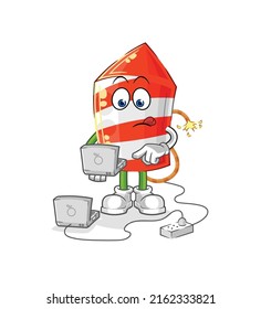 the fireworks rocket with laptop mascot. cartoon vector