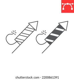 Fireworks rocket line and glyph icon, firecracker and explosive, petard vector icon, vector graphics, editable stroke outline sign, eps 10.