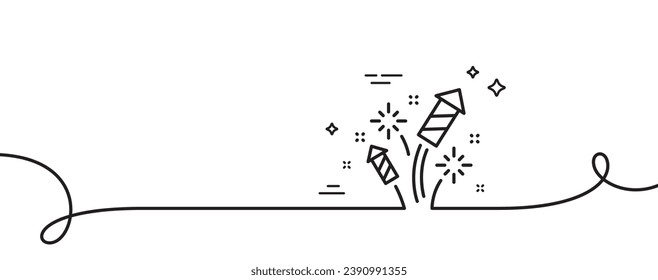 Fireworks rocket line icon. Continuous one line with curl. Pyrotechnic salute sign. Carnival celebration lights symbol. Fireworks rocket single outline ribbon. Loop curve pattern. Vector