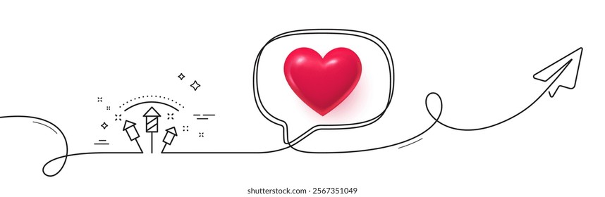 Fireworks rocket line icon. Continuous line with share plane. Pyrotechnic salute sign. Carnival celebration lights symbol. 3d heart in speech bubble. Fireworks rocket single line ribbon. Vector