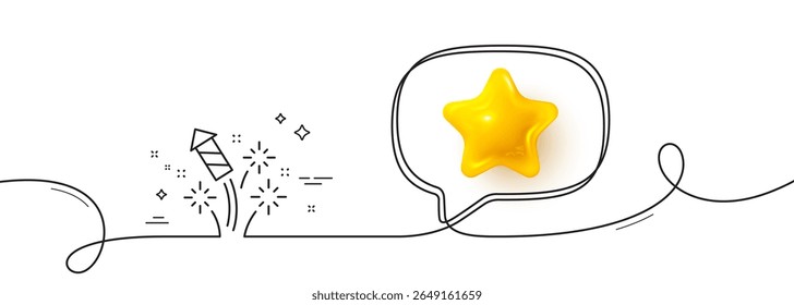 Fireworks rocket line icon. Continuous line with 3d star. Pyrotechnic salute sign. Carnival celebration lights symbol. 3d star in speech bubble. Fireworks rocket single line ribbon. Vector