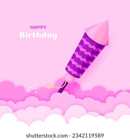 Fireworks rocket paper cut cloud bday purple background happy birthday flat. Greeting card landscape papercut purple pink cute sky template banner flyer poster congratulate postcard holiday event