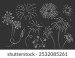 Fireworks and rocket, salute with burst, light and festive explosions chalk in doodle style. Hand drawn sparks, firecracker on white background. Party, celebrations, event.