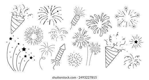 Fireworks and rocket, salute with burst, light and festive explosions in doodle style. Hand drawn sparks, firecracker on white background. Party, celebrations, event.