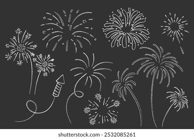 Fireworks and rocket, salute with burst, light and festive explosions chalk in doodle style. Hand drawn sparks, firecracker on white background. Party, celebrations, event.