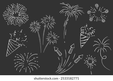 Fireworks and rocket, salute with burst, light and festive explosions chalk in doodle style. Hand drawn sparks, firecracker on white background. Party, celebrations, event.